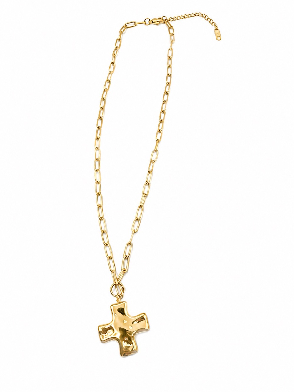 Gold Link Chain Necklace with Sculpted Cross Pendant
